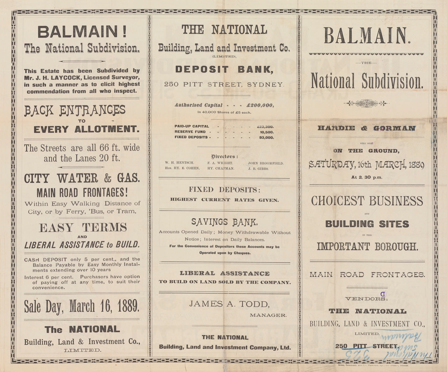 Balmain - The National Subdivision - Grand Business Sites, 1889