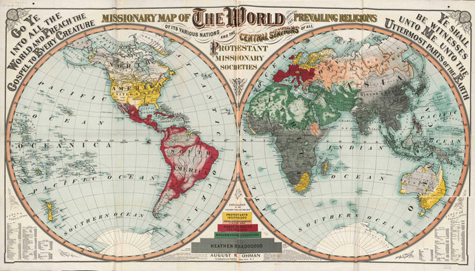 Missionary Map of The World showing the Prevailing Religions of its varying nations and the Central Stations of all Protestant Missionaries.