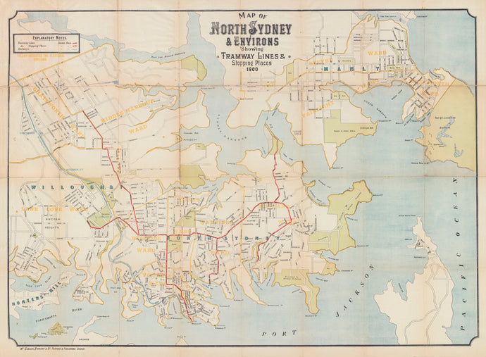 Map of North Sydney & Environs Showing Tramway Lines & Stopping Places