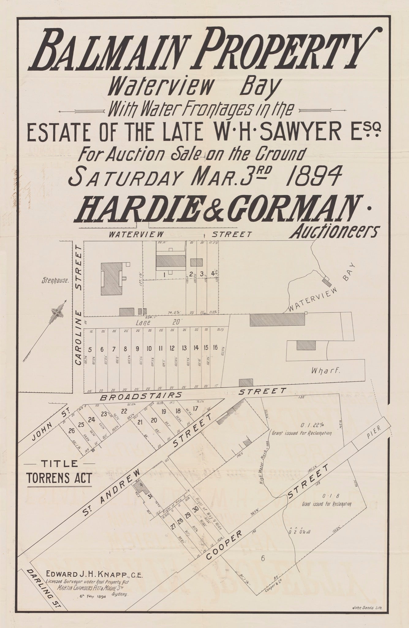 Balmain Property - Waterview Bay - With Water Frontages, 1894