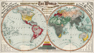 Missionary Map of The World showing the Prevailing Religions of its varying nations and the Central Stations of all Protestant Missionaries