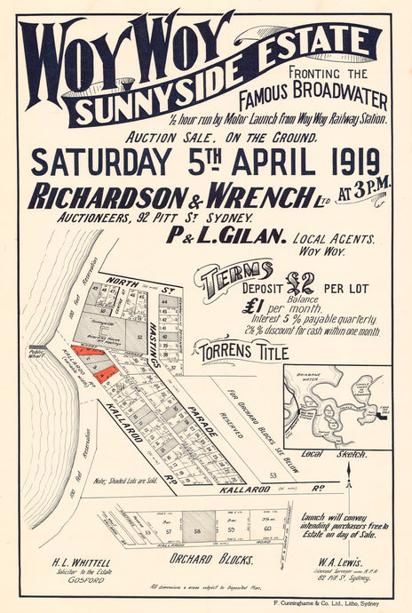 Woy Woy Sunnyside Estate - Fronting the Famous Broadwater, half hour run by Motor Launch from Woy Woy Railway Station